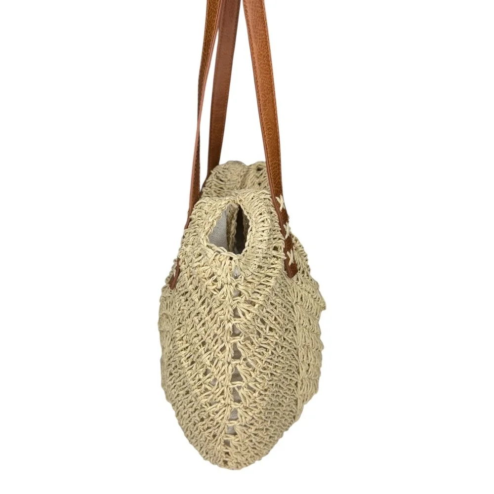 LinYooLi Woven Straw Crochet‎ Cream & Brown Faux Leather Straps Boho Tote Bag